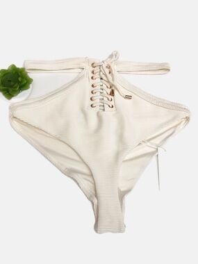 NWT KOPPER & ZINK Bardot Cream Lace-Up High Waist Bikini Bottom Size L